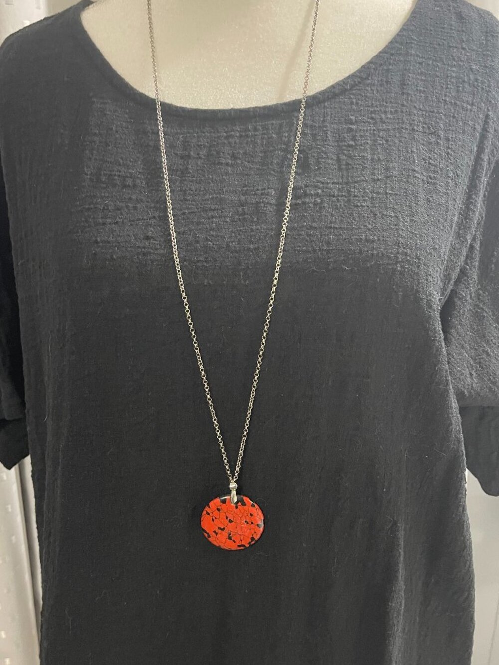 Vibrant  Orange & Black Faux Turquoise Stone Pendant Necklace